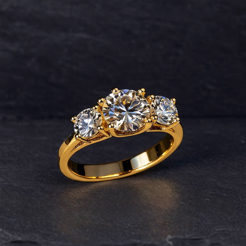 Handcrafted classic 3 diamond engagement ring in gold setting