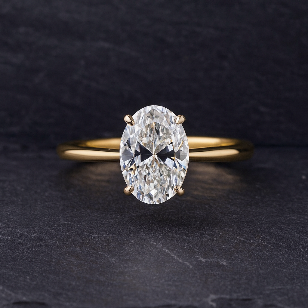 Handcrafted oval 3 Karat diamond engagement ring in 18K gold setting