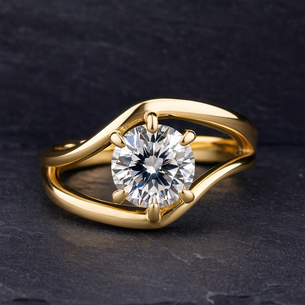Handcrafted round diamond engagement ring in gold setting