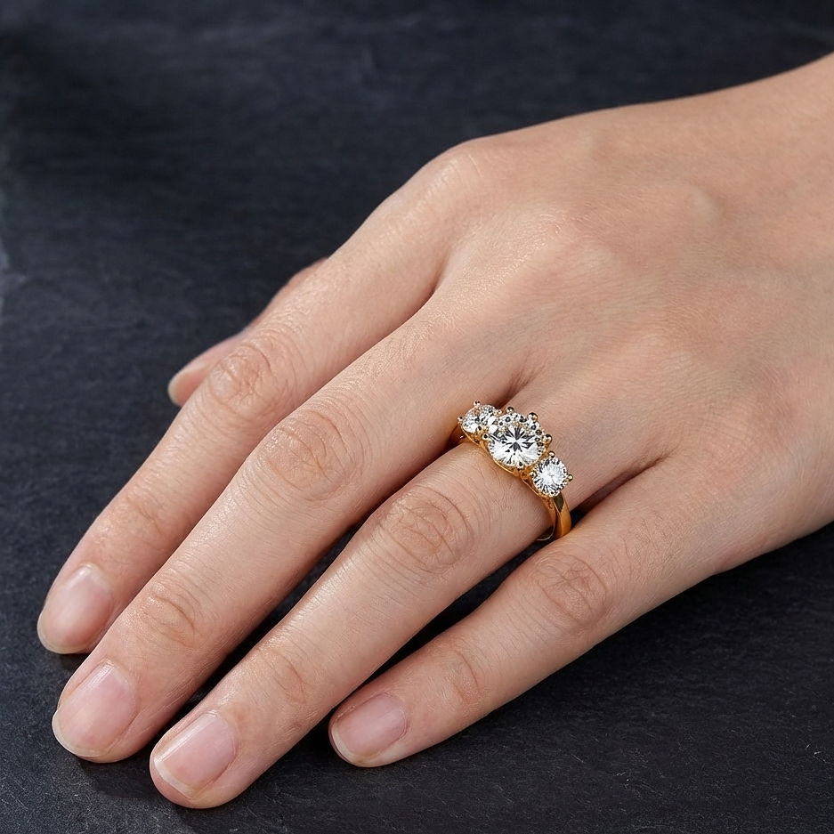 Handcrafted classic 3 diamond engagement ring in gold setting